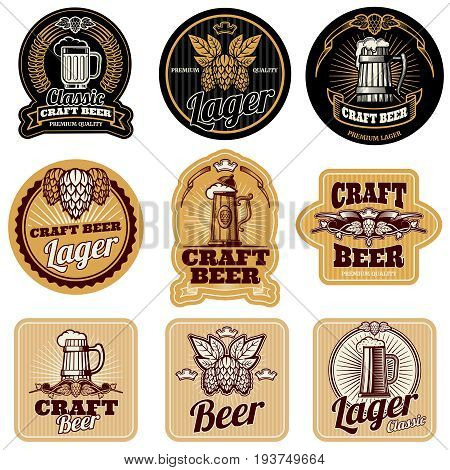 Vintage beer bottle vector labels. Alcohol drink label, illustration of bottle beer labels