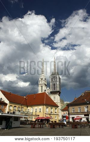 view on Cathedral from open food market Dolac on Kaptol hill Zagreb, Croatia