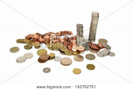 Pile of golden coins on white background
