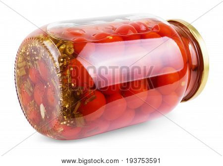 A glass jar of canned tomatoes on white background