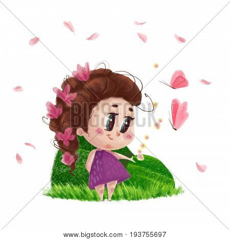 Hand drawn portrait of cute little girl standing on the green grass with flowers in long hair isolated on white background. Summer child illustration with nature elements and butterflies.