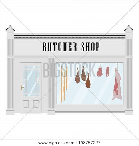 Vector illustration butcher shop facade icon. Sausages beef carcass and steak. Butchery