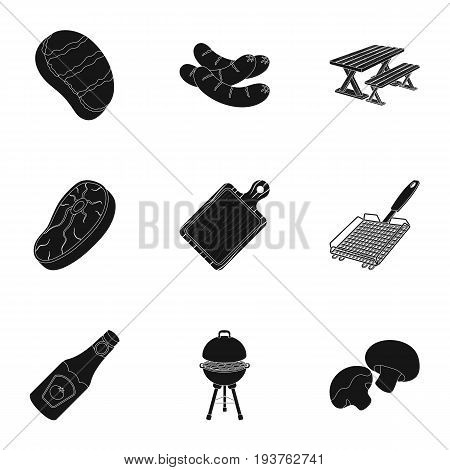 Meat, steak, firewood, grill, table and other accessories for barbecue.BBQ set collection icons in black style vector symbol stock illustration .