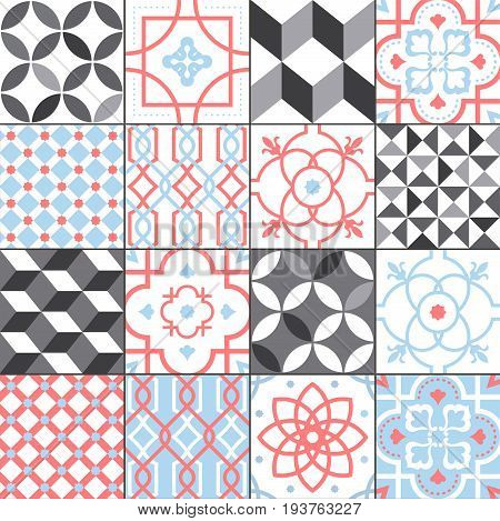 Different tiles pattern collection. Colorful and monochrome tracery set. Traditional and modern ornament vector illustration