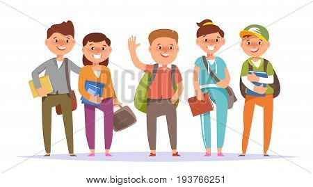 Vector illustration icon group undergraduate student boy and school girl colorful clothes with textbook and backpack standing isolated white background. Cartoon style