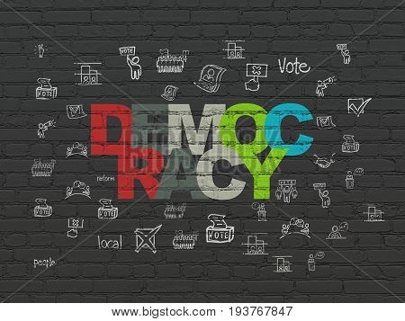 Politics concept: Painted multicolor text Democracy on Black Brick wall background with  Hand Drawn Politics Icons