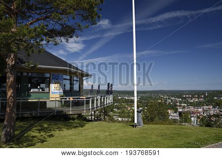 Ornskoldsvik Sweden - July 022017: View over Ornskoldsvik Town in the North of Sweden from the rresturant on the top of the mountain "Varvsberget".
