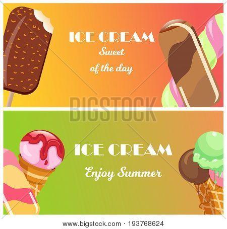 Collection of ice cream banners sweet dessert cold food cards vector illustrations. Tasty creamy snack dairy waffle flavor cold ice-cream frozen scoop. Soft delicious milk icecream ball.