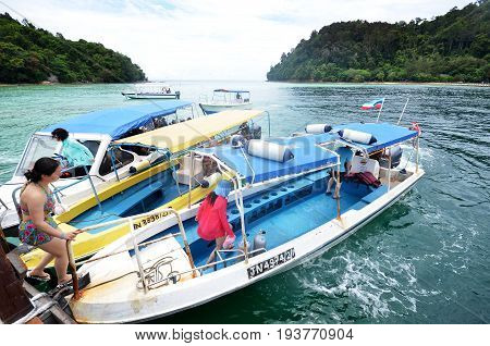 Tourists On The Speedboat At Sapi Island In Sabah