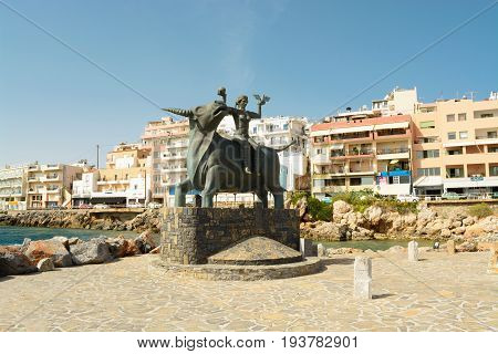 7 June 2017, Crete, Greece: The Sculpture Of The Minotaur And Ariadne In Agios Nikolaos