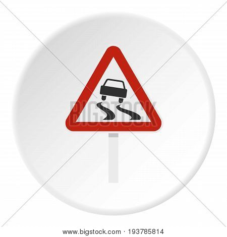 Slippery when wet road sign icon in flat circle isolated vector illustration for web