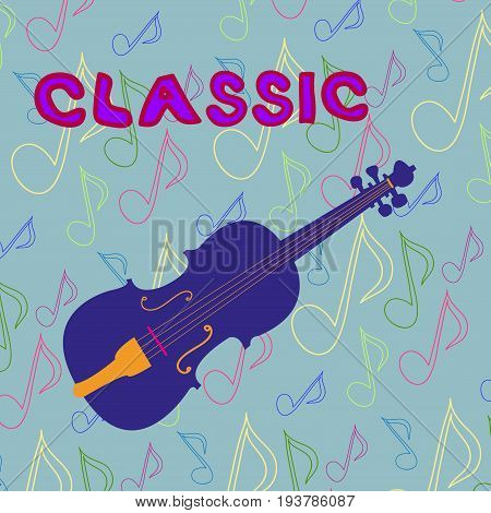 Blue, cartoon violin on music background. Vector.