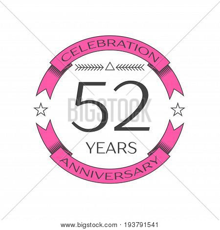 Realistic fifty two years anniversary celebration logo with ring and ribbon on white background. Vector template for your design