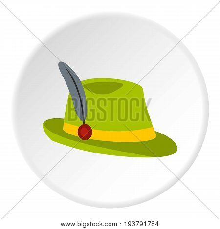 Green hat with feather icon in flat circle isolated vector illustration for web
