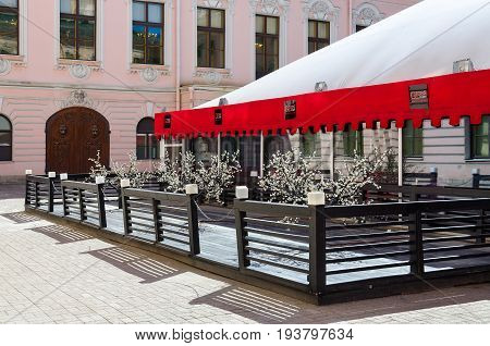 SAINT PETERSBURG RUSSIA - MAY 3 2017: Restaurant Gloss Cafe in courtyard of Stroganov Palace Nevsky Prospect 17 St. Petersburg Russia