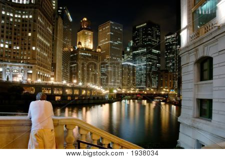 Man By The Chicago River At Night