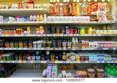 SEOUL, SOUTH KOREA - CIRCA MAY, 2017: goods on display at a CU convenience store. CU is a convenience store franchise chain in South Korea.