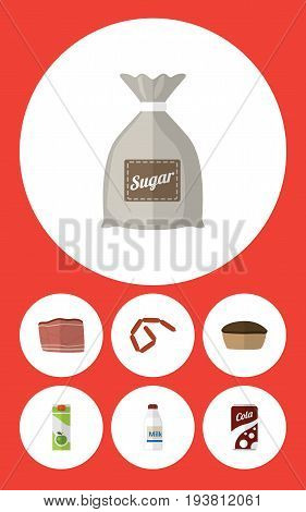 Flat Icon Food Set Of Beef, Tart, Packet Beverage And Other Vector Objects. Also Includes Sausage, Packet, Breakfast Elements.