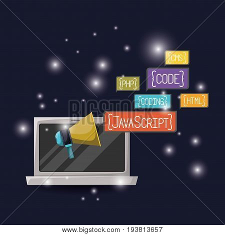blue dark background with brightness of laptop and megaphone icon with web programming language codes in rectangular textbox vector illustration