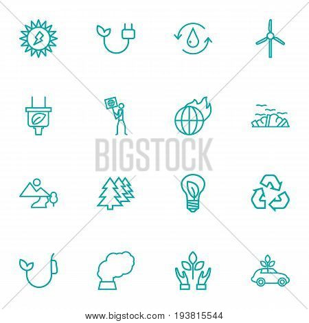 Set Of 16 Bio Outline Icons Set.Collection Of Garbage, Water, Afforestation And Other Elements.