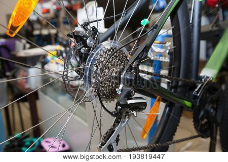 Rear caliper of the bicycle with a set of stars and chain