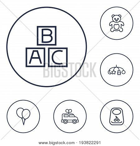 Set Of 6 Child Outline Icons Set.Collection Of Alphabet Cubes, Toys, Balloon And Other Elements.