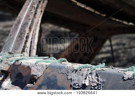 Car burning on a forest fire reached so much heat that the glass windows melted. Pedrogao Grande Portugal.