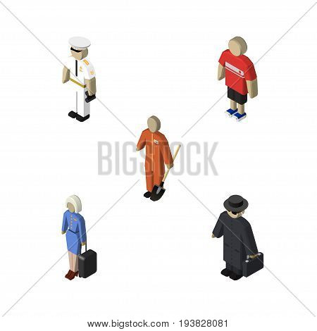 Isometric People Set Of Seaman, Cleaner, Detective And Other Vector Objects. Also Includes Hostess, Seaman, Lady Elements.