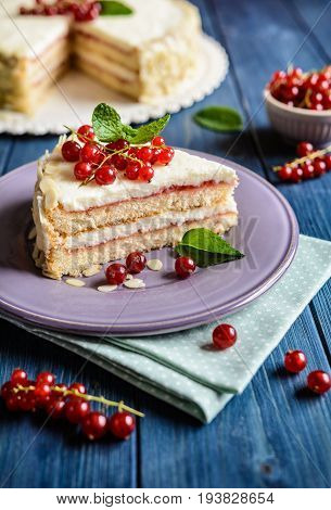 Delicious Cake With Mascarpone, Whipped Cream, Red Currant And Almond Slices