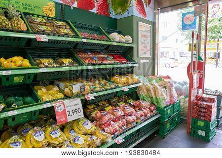 SEOUL, SOUTH KOREA - CIRCA JUNE, 2017: inside a grocery store in Seoul. CU is a convenience store franchise chain in South Korea.