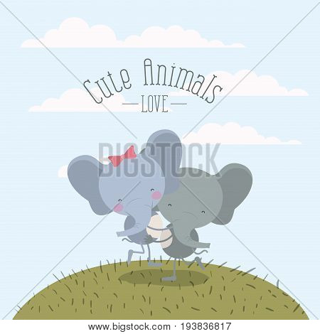 color scene sky landscape and grass with couple of elephants one carrying the other cute animals love vector illustration