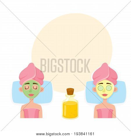 Young woman having facial mask applied by cosmetician and relaxing in spa salon, top view cartoon vector illustration with space for text. Top view picture of woman getting facial mask in spa