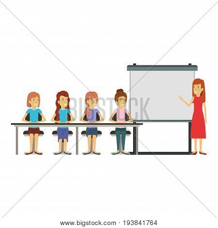 white background with women group sitting in a desk for executive female in presentacion business people vector illustration