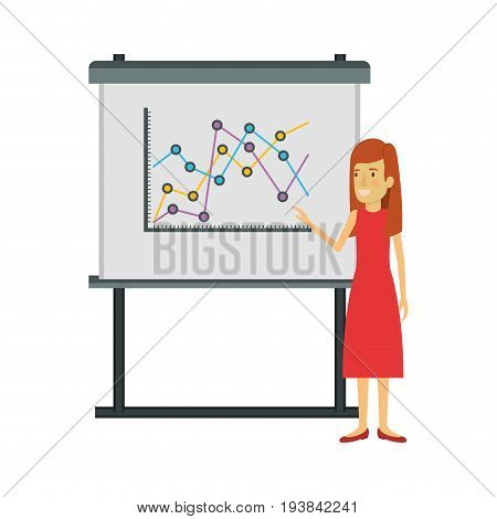 white background with businesswoman in dress with straight and long hair making presentation vector illustration