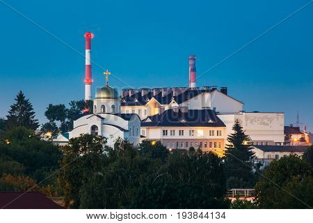 Grodno, Belarus. Orthodox Temple In The Name Of The Holy Monk Martha At Evening In Night Illuminations Lights. Blue Hour In Hrodna.