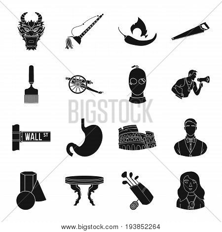 fitness, history, finance and other  icon in black style.building, travel, medicine icons in set collection.