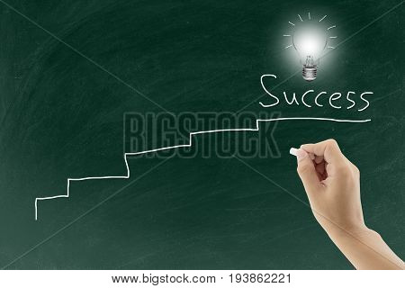 Hand Drawing  Ladder With Chalk For Success And Light Blub Showing Genius Idea And Intelligence Busi