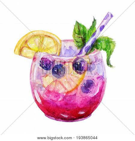 Cute Watercolor Tropical cocktail with lemonmint and And blueberries illustration icon isolated on white background.Hand draw illustration.Travel element.Variant isolated cocktail glass with beverage