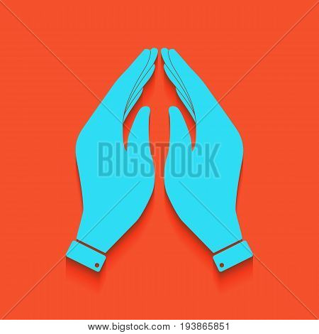 Hand icon illustration. Prayer symbol. Vector. Whitish icon on brick wall as background.
