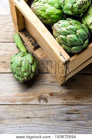 Artichoke. Box Of Fresh Artichoke. Harvest Concept. Copy Space
