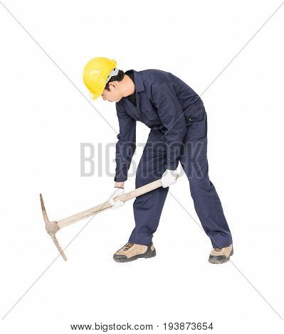 Man In Uniform Hold Old Pick Mattock That Is A Mining Device