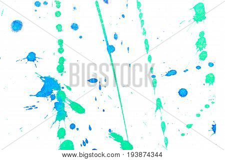 Abstract two-color blue green ink splash. Ink blots. Elements of design. The water-soluble ink on white paper Leste. Abstractionism
