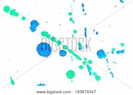 Abstract two-color blue green ink splash. Ink blots. Elements of design. The water-soluble ink on white paper Leste. Abstractionism