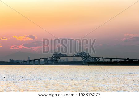 Tokyo landmark , Tokyo Gate Bridge and Mountain Fuji Sunset
