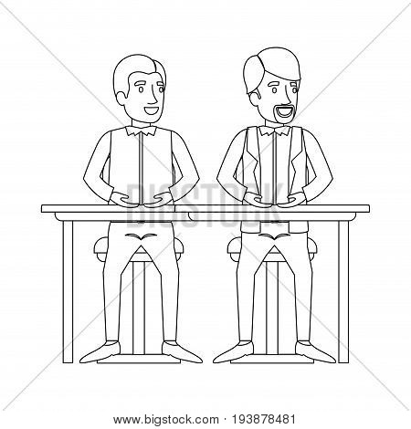 monochrome silhouette of men sitting in desk one with casual clothes and the other with formal clothes and van dyke beard vector illustration