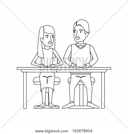 monochrome silhouette of teamwork of woman and man sitting in desk and her with long hair and straight and him in casual clothes vector illustration