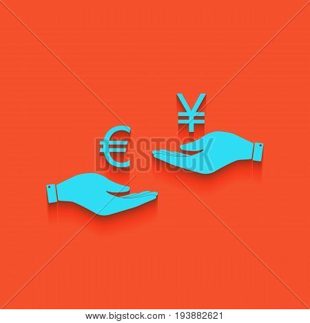 Currency exchange from hand to hand. Euro and Yen. Vector. Whitish icon on brick wall as background.