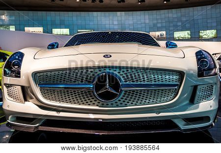 Photo made on June 25 2017 - Mercedes-Benz Museum Stuttgart Germany - The SLS AMG Electric Drive is a two-seat luxury GT car developed by Mercedes-AMG of German automaker Mercedes-Benz.