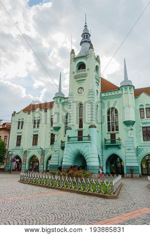 MUKACHEVE, UKRAINE - APRIL 25, 2017: City hall of Mukacheve. Mukacheve is the second largest city in Zakarpattia Oblast
