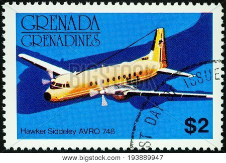 Moscow Russia - July 04 2017: A stamp printed in Grenada shows old small passenger aircraft Hawker Siddeley AVRO 748 series circa 1976